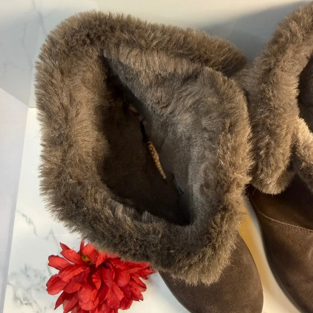 NEW Sketchers Leather Air‎ cooled Goga Mat Faux Fur Lined Suede Boots Brown 9.5M